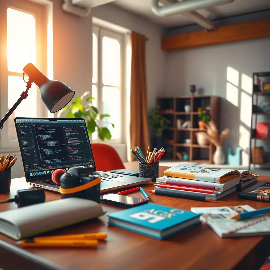 A vibrant and inviting workspace for a beginner web developer, featuring a sleek laptop, colorful stationery, inspirational books, and modern gadgets, all arranged to inspire creativity and productivity.