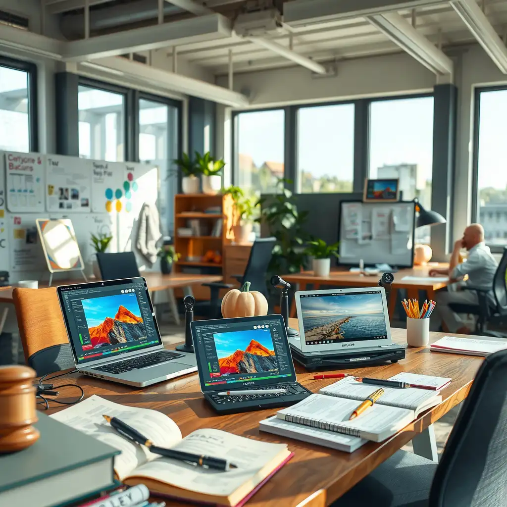 A modern workspace showcasing the intersection of copyright law and AI content creation, featuring laptops, legal texts, and brainstorming boards that highlight creativity and innovation.