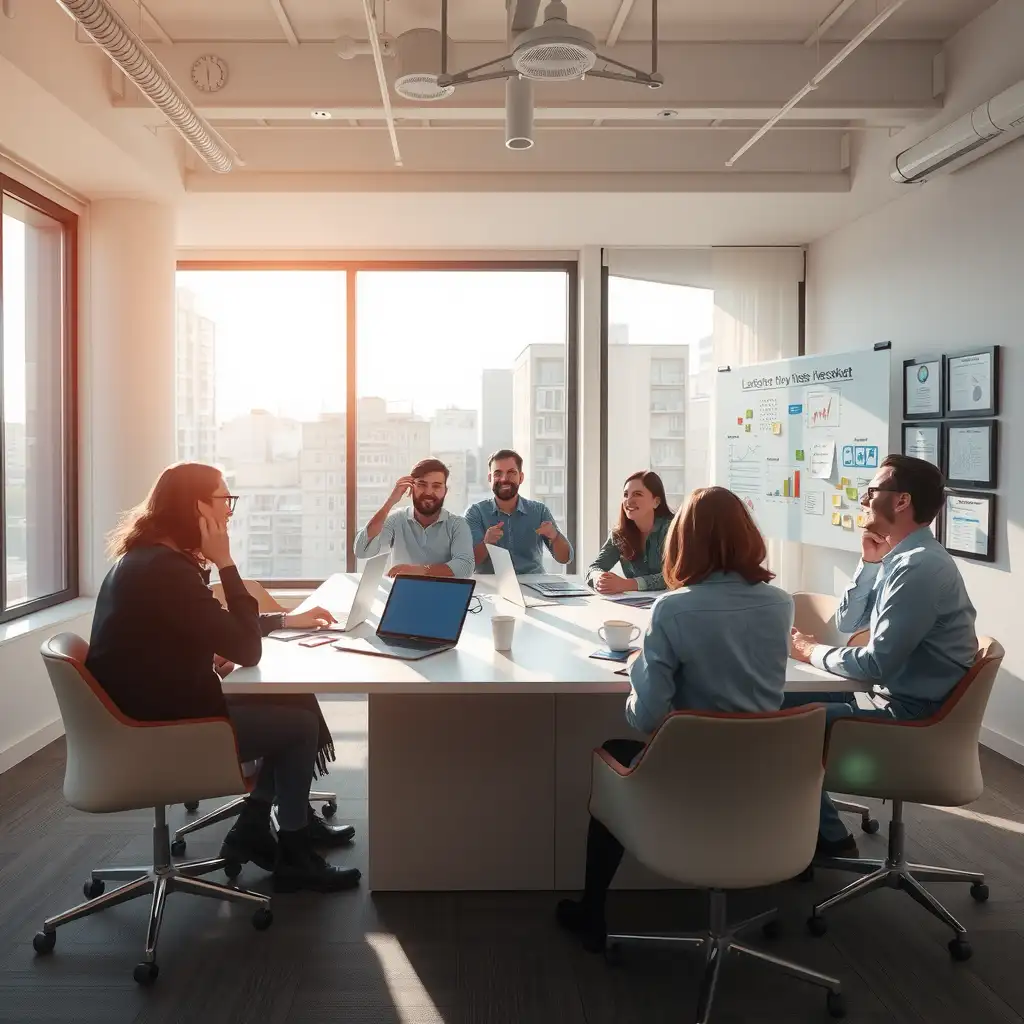 A diverse team collaborates around a modern conference table, surrounded by whiteboards filled with ideas, laptops showcasing analytics, and sticky notes detailing user acquisition strategies. Coffee cups are scattered throughout, highlighting their dedication and teamwork.