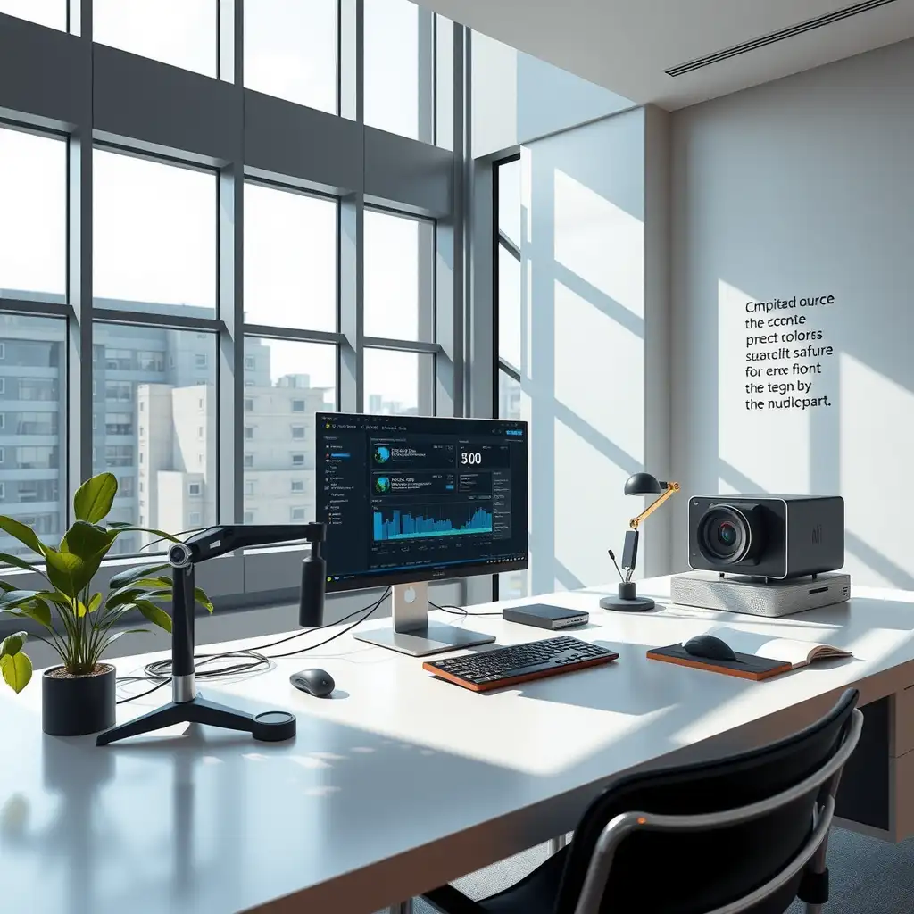 A modern, high-tech workspace featuring a computer with a dynamic interface displaying predicted outputs, surrounded by futuristic technology and inspirational quotes on the walls.