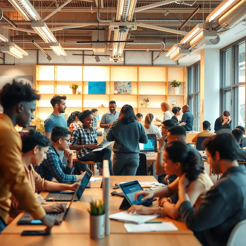 A vibrant workspace filled with diverse individuals collaborating on AI projects, showcasing laptops and digital interfaces, symbolizing teamwork and social impact.