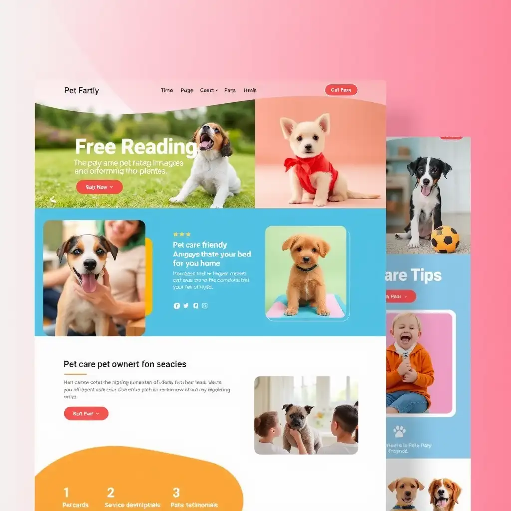 A vibrant and inviting pet care business website layout featuring happy pets in various playful and cozy settings, with engaging content elements for pet owners.