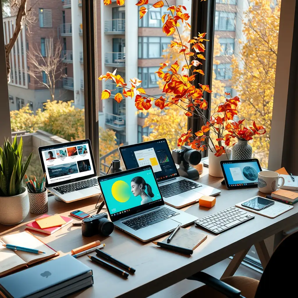 A modern workspace filled with cutting-edge devices, colorful notes, and creative materials, showcasing elements of content creation and innovation.