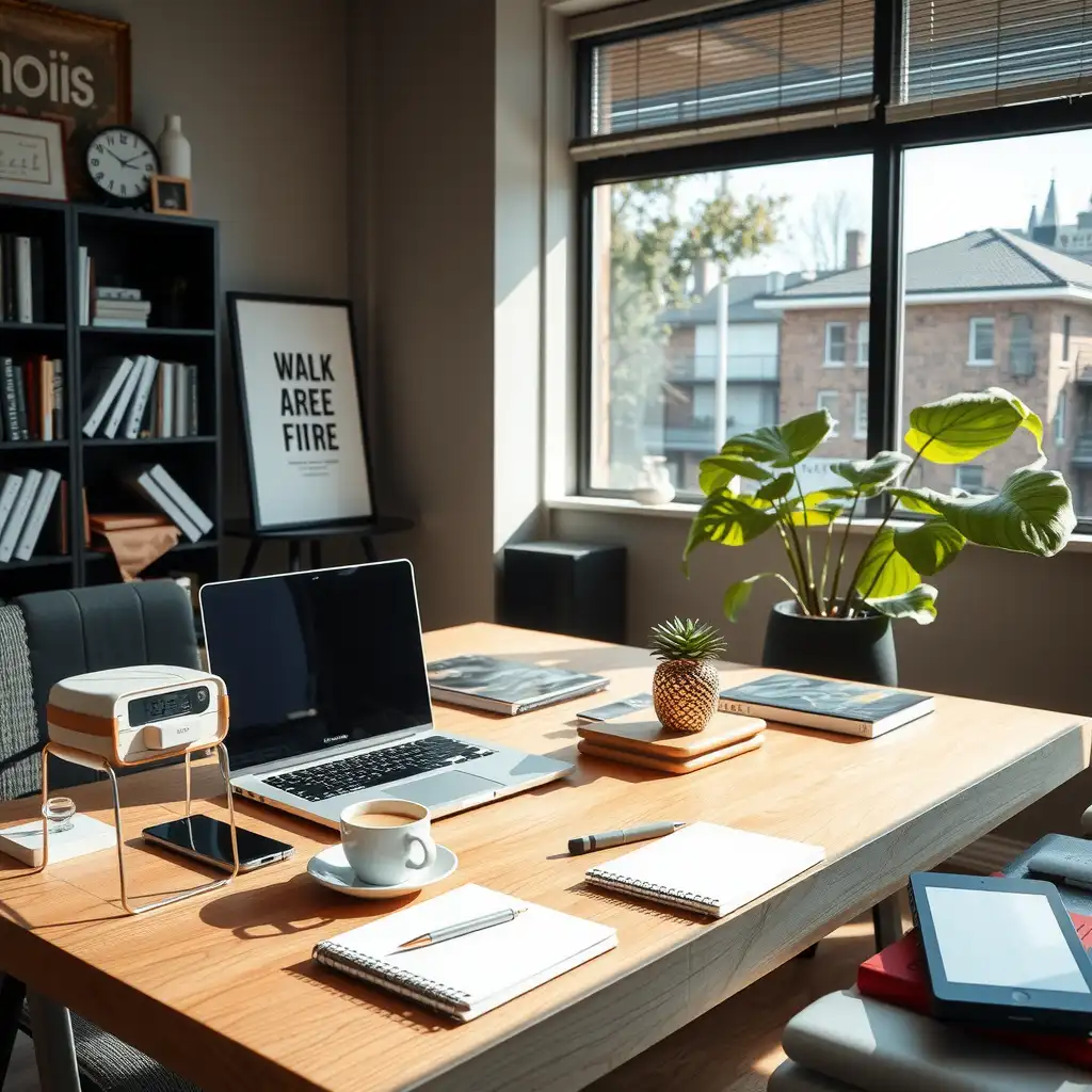 A modern workspace featuring a sleek desk with a laptop, notepads, and coffee, surrounded by inspiring books and decor, designed for writing professional blog posts.