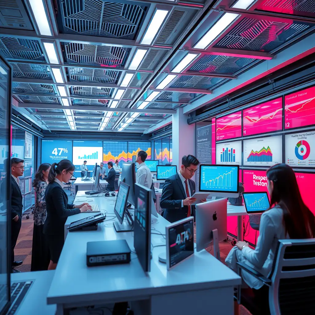 Futuristic workspace showcasing advanced AI content generation tools, featuring interactive screens, dynamic charts, and collaborative teams engaged in brainstorming sessions, all set in a vibrant and innovative environment.