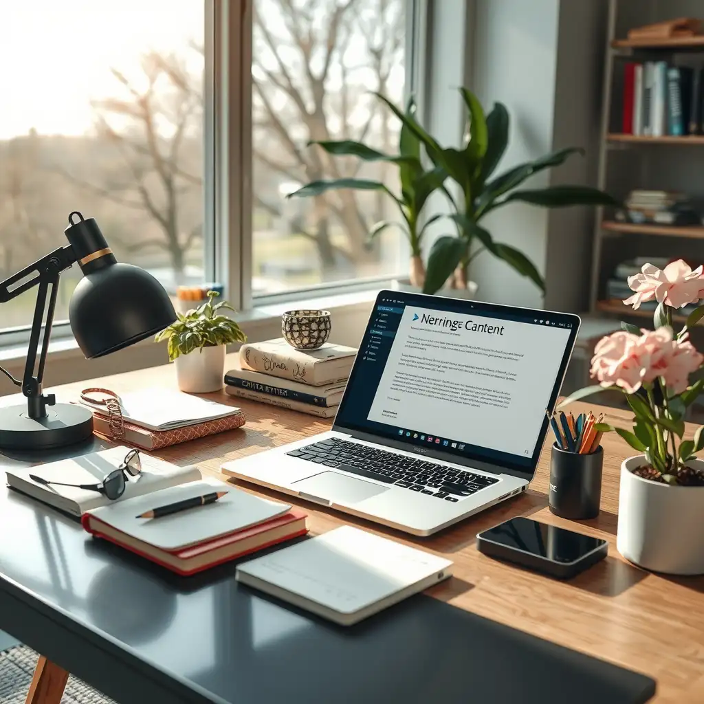 A modern workspace featuring a sleek desk with a laptop, stylish stationery, books on writing and editing, and decorative plants, creating an inspiring atmosphere for productivity and creativity.