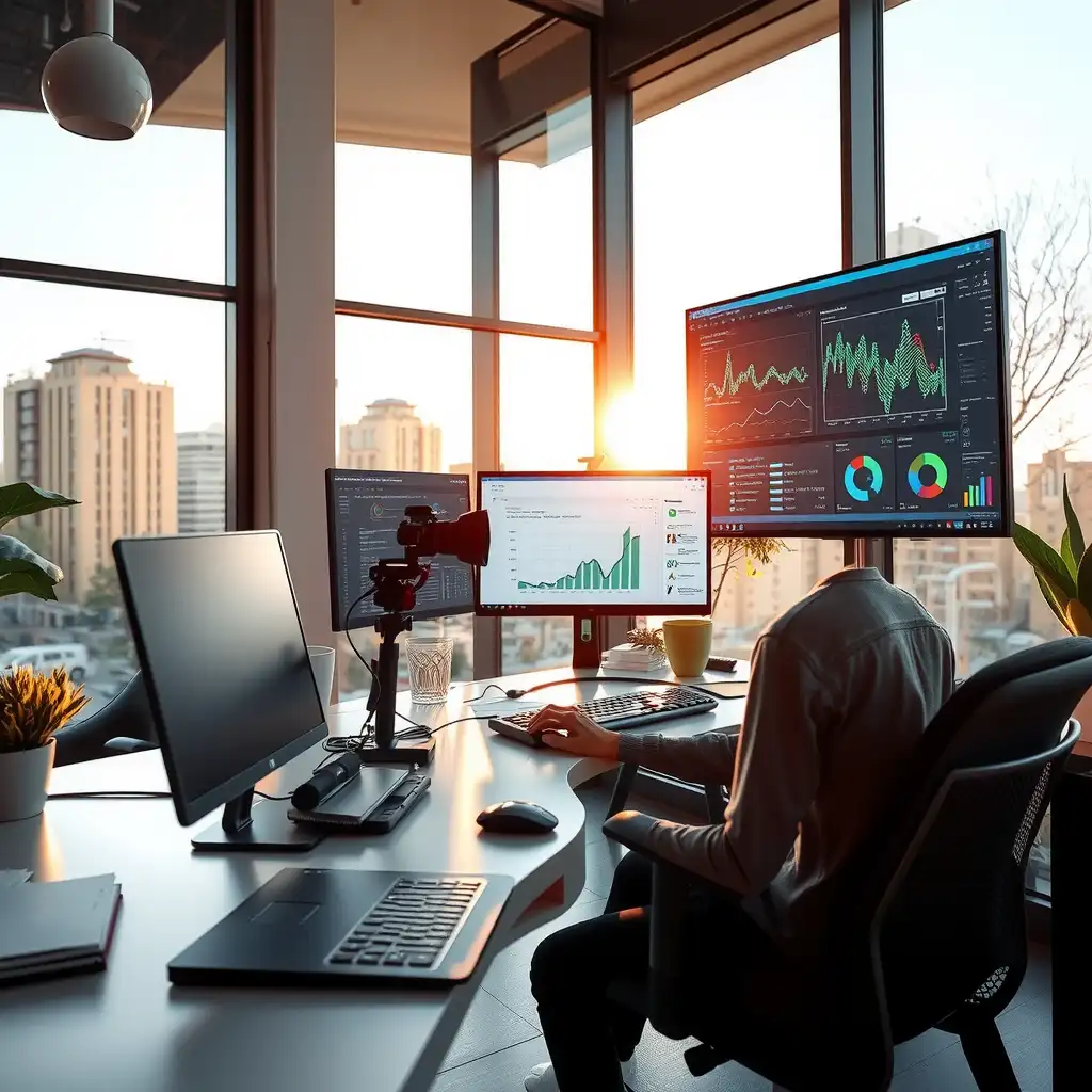 A modern workspace featuring multiple screens with AI data and analytics, surrounded by innovative gadgets and notes, all bathed in soft natural light.