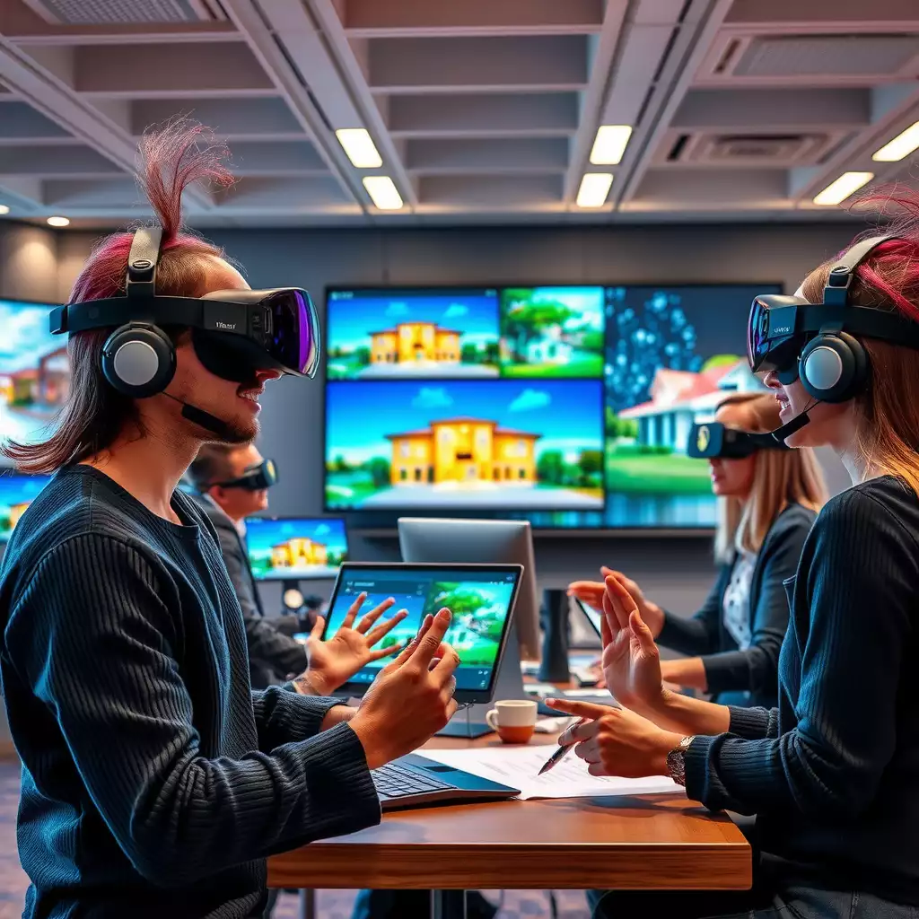 A vibrant modern office scene showcasing professionals collaborating with cutting-edge technology, including AI tools and virtual reality headsets, highlighting innovation in real estate marketing.