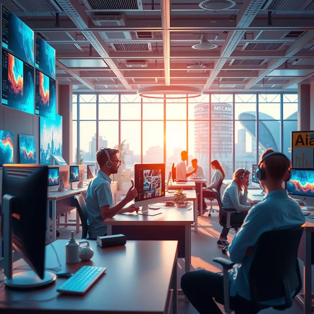 A vibrant, futuristic workspace showcasing collaboration between creative professionals and AI systems, featuring advanced screens displaying stunning graphics and an atmosphere filled with innovation and energy.