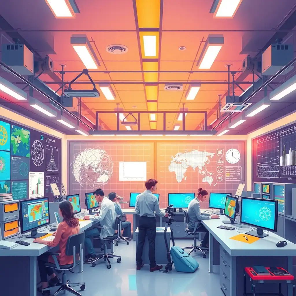 A vibrant illustration of a futuristic laboratory showcasing diverse professionals collaborating on artificial intelligence projects, featuring advanced technology, data visualizations, neural networks, and labeled datasets.