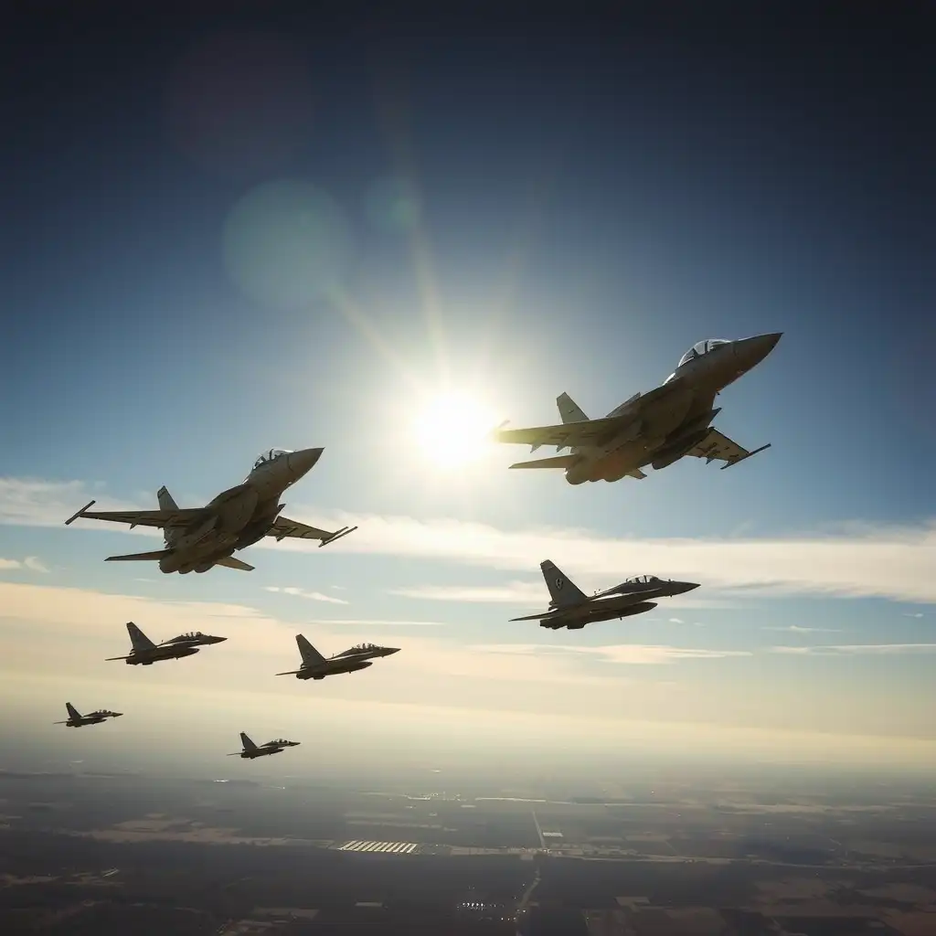 A formation of Russian fighter jets descending from the sky, showcasing power and precision against a dramatic landscape.