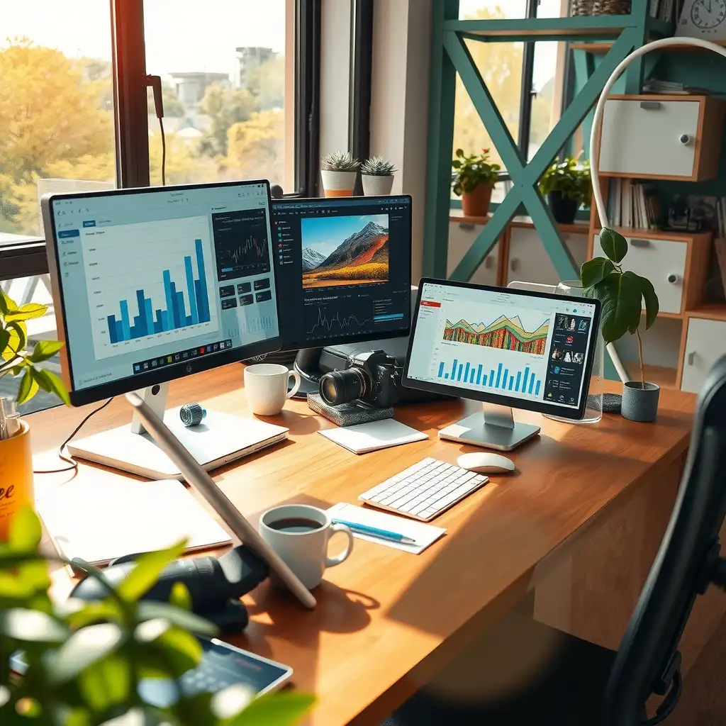 A vibrant digital marketing workspace featuring multiple screens with analytics and keyword research tools, a sleek desk with notes and coffee cups, embodying innovation and creativity in the SEO landscape.