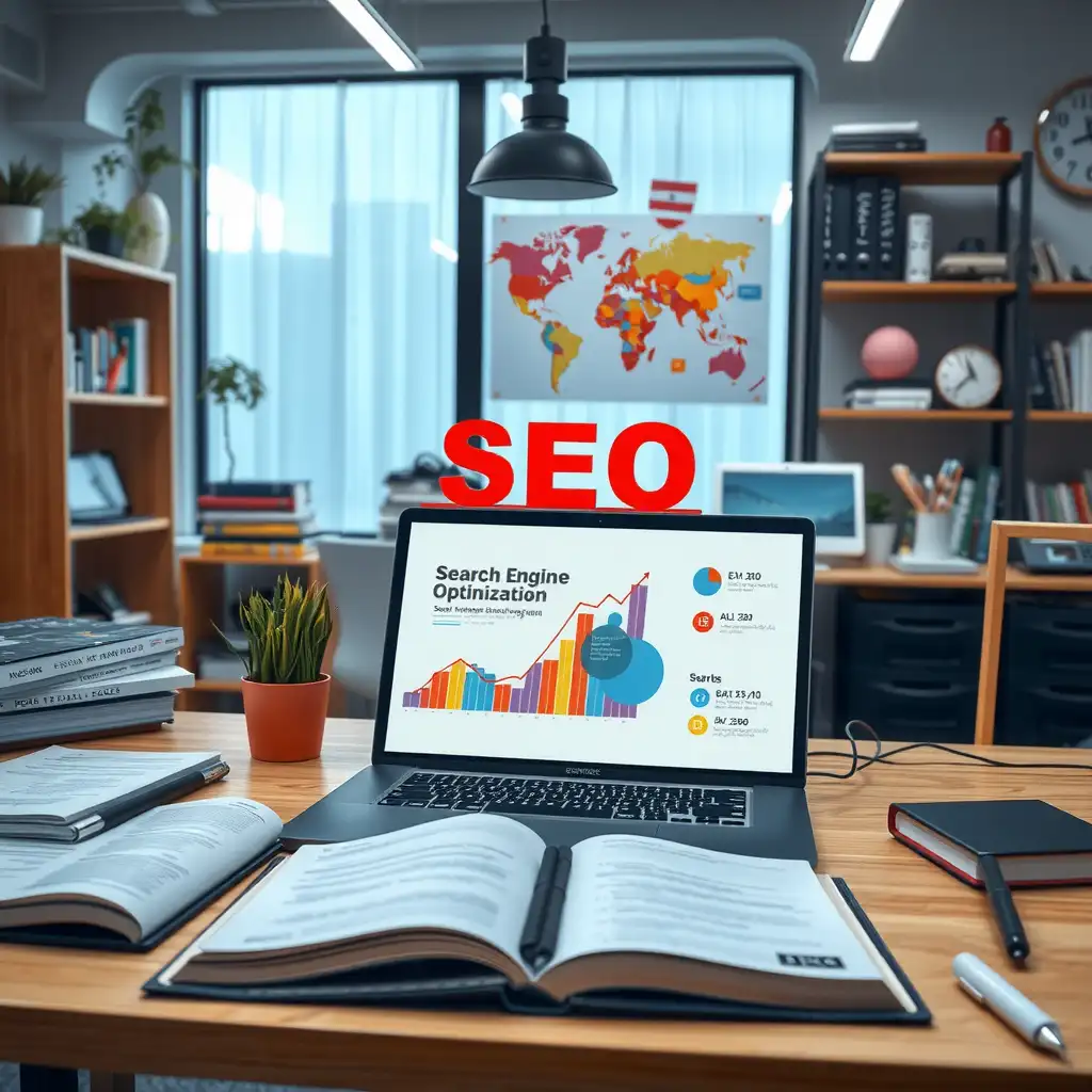 Modern workspace designed for SEO beginners, featuring a laptop with analytics, open digital marketing books, colorful infographics, and motivational quotes, all conveying a sense of growth and learning in online marketing.