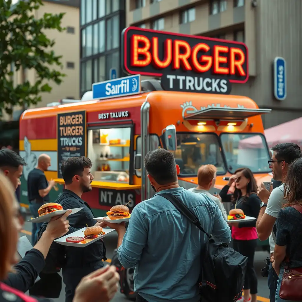 A vibrant burger truck surrounded by food lovers, featuring gourmet burgers and colorful branding, with elements of digital marketing subtly integrated into the scene.