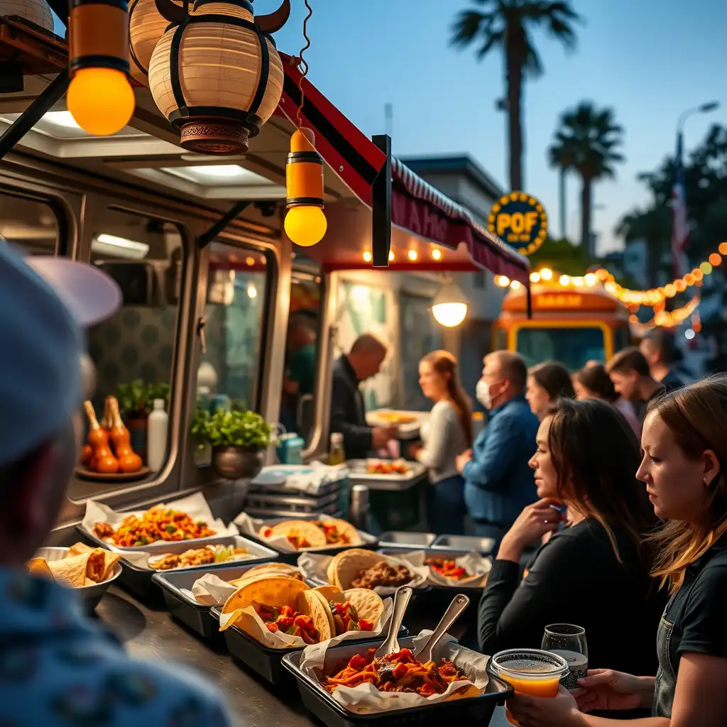 A vibrant taco truck scene filled with patrons enjoying delicious tacos, warm lights glowing, and elements of social media interaction in a lively urban setting.