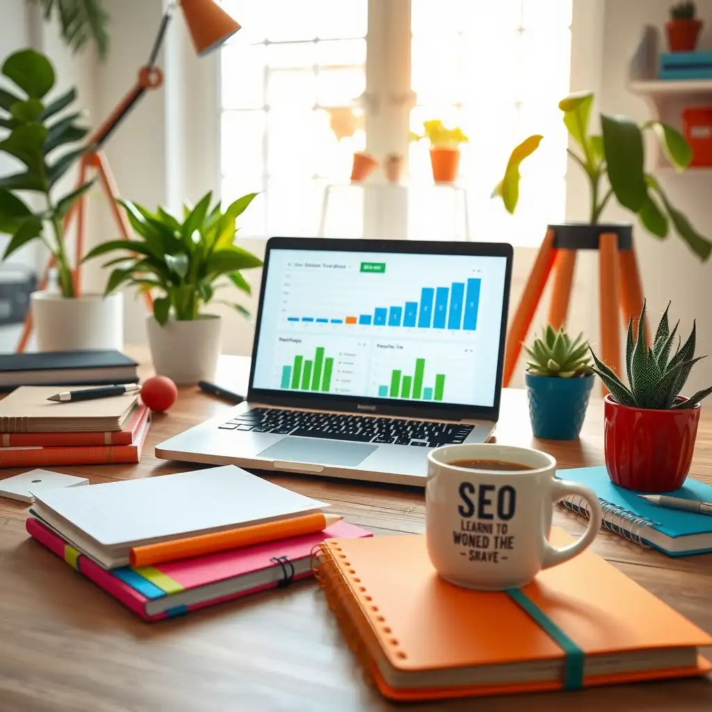 A vibrant home office workspace for SEO learning, featuring a laptop, colorful notebooks, a motivational coffee cup, and greenery.