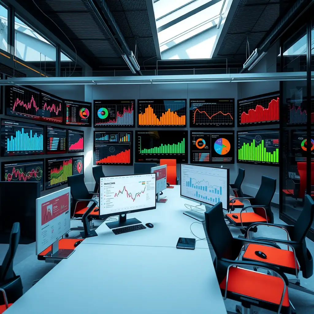 A modern office workspace showcasing high-tech screens with colorful graphs and data analytics, emphasizing innovation and precision in SEO metrics.