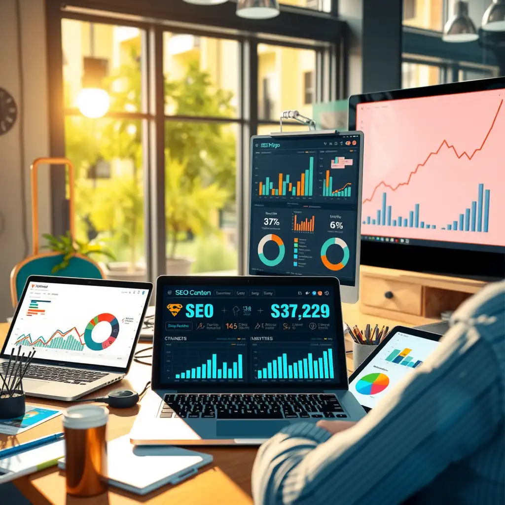 Dynamic digital workspace showcasing SEO innovation with laptop screens, vibrant charts, and modern technology, all reflecting the fast-paced world of digital marketing.