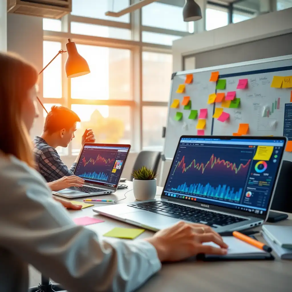 A modern digital workspace featuring laptops with analytics dashboards, colorful sticky notes with keywords, and a whiteboard filled with strategic ideas, creating an atmosphere of innovation in SEO.