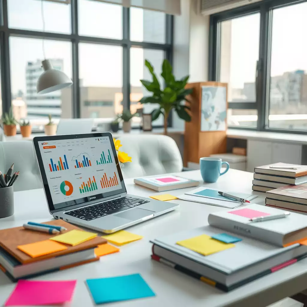 A modern workspace featuring a sleek desk with a laptop displaying analytics graphs, colorful sticky notes, and books on digital marketing, evoking creativity and learning in SEO.