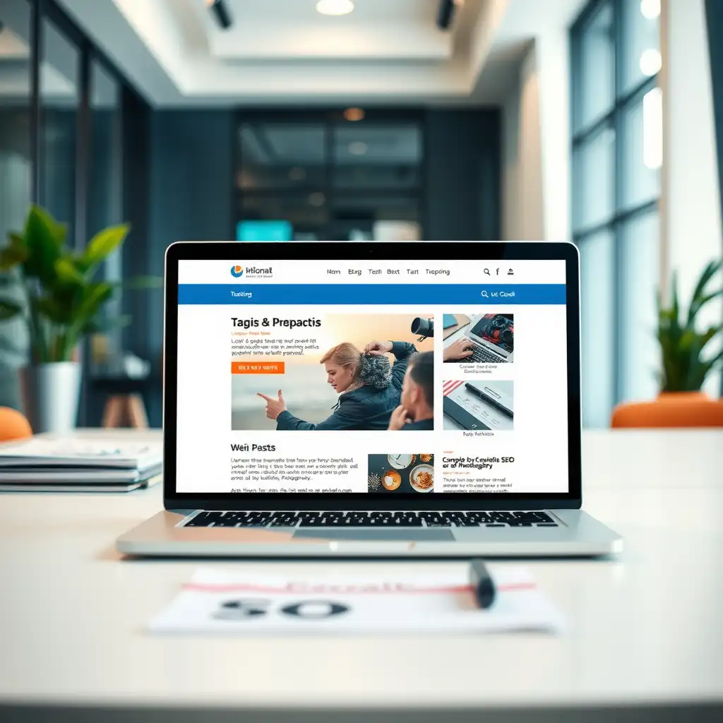 A modern photography business website displayed on a laptop in a stylish office, featuring vibrant visuals and SEO-driven content elements.