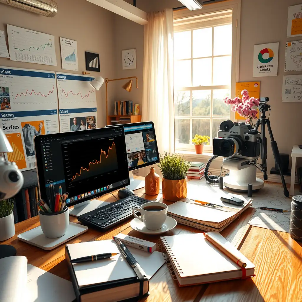 A vibrant workspace for creating SEO-optimized content, featuring digital devices, notebooks, and brainstorming materials that inspire creativity and productivity.