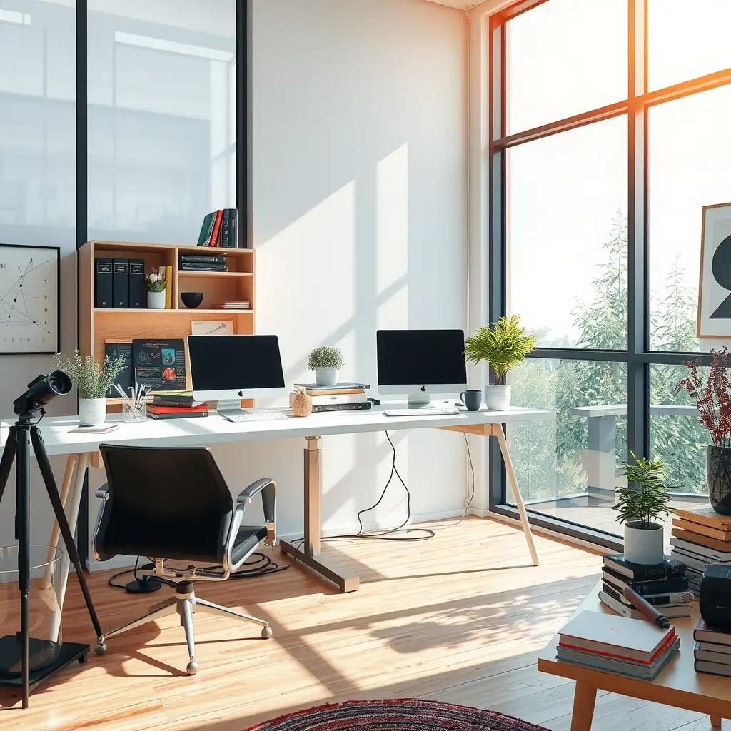 A modern workspace for AI writing featuring a sleek desk with a high-end computer, ergonomic chair, books, plants, and creative supplies, all bathed in natural light.