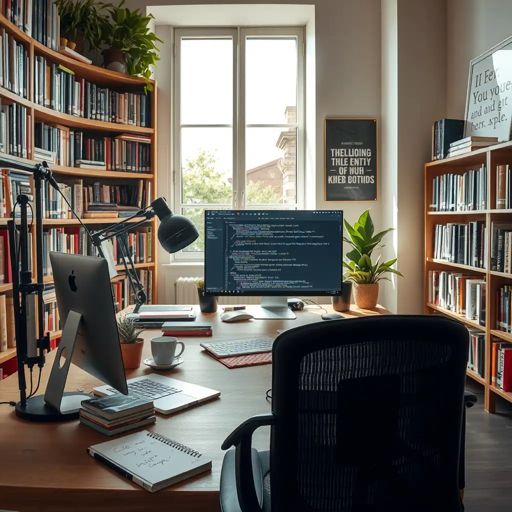 A modern workspace dedicated to AI writing, featuring a sleek computer setup with code and text, surrounded by bookshelves filled with literature, notepads with handwritten notes, potted plants, and motivational quotes on the walls.