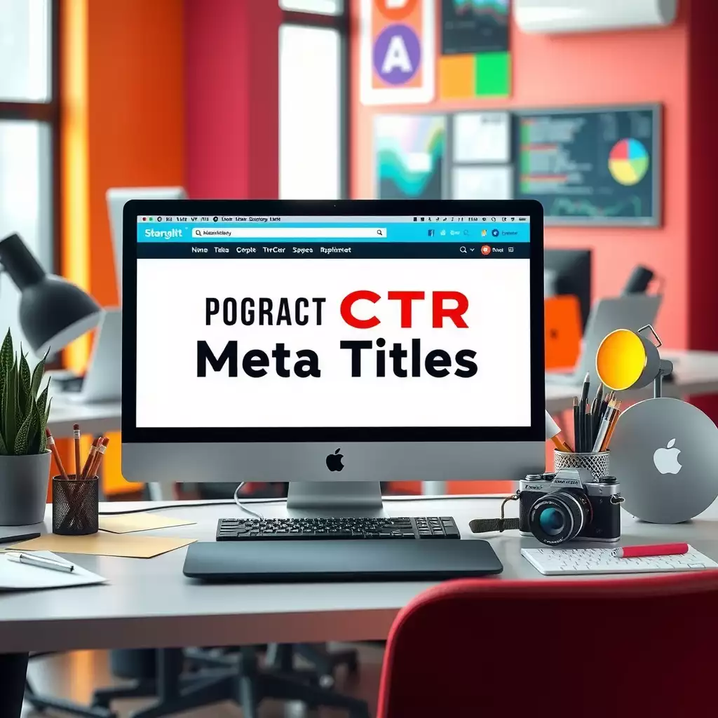 Dynamic digital workspace featuring a computer screen with vibrant meta title examples, scattered brainstorming notes, and visual elements symbolizing increased click-through rates.