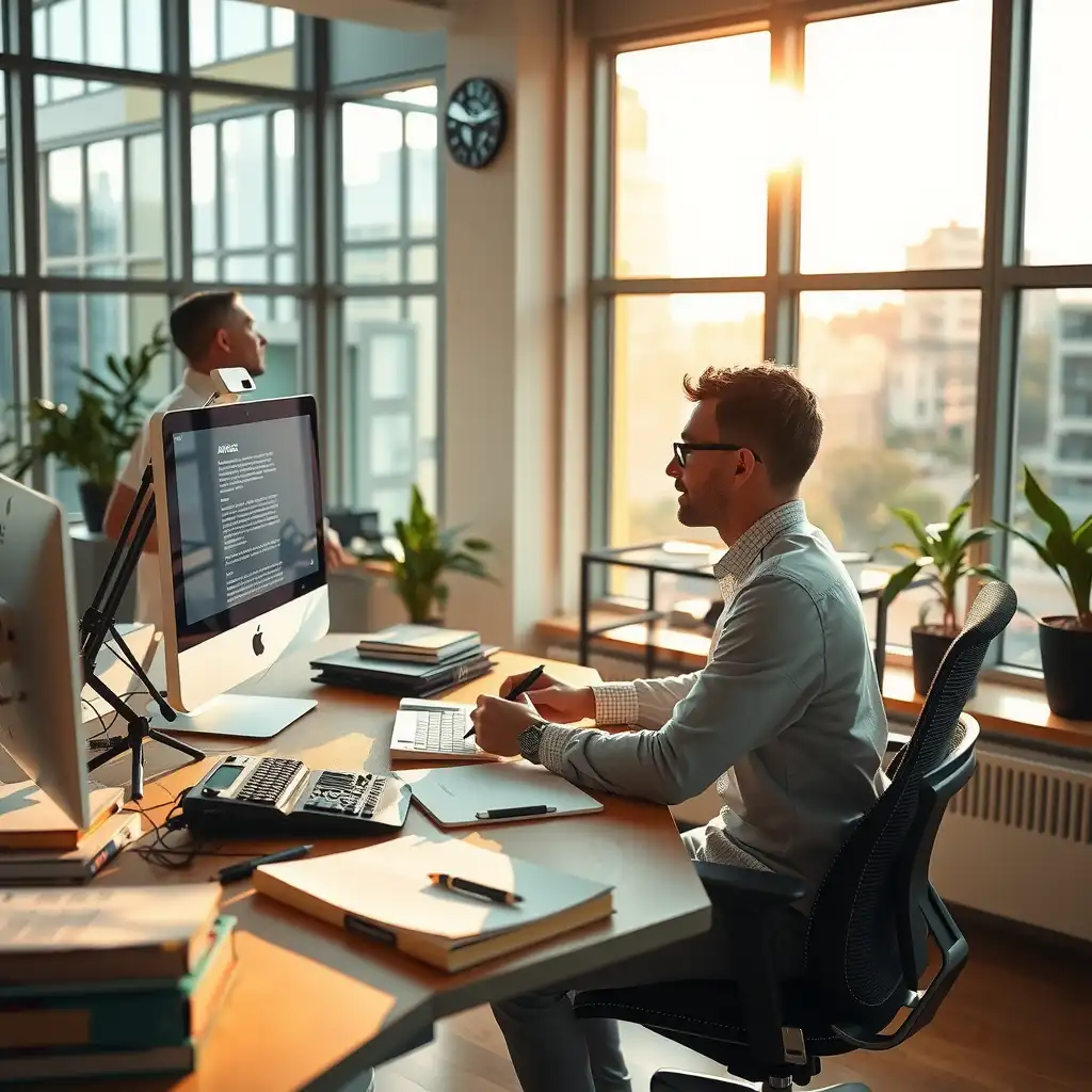 A modern workspace featuring a writer using AI tools, surrounded by sleek devices, notes, and books, with natural light illuminating the creative environment.