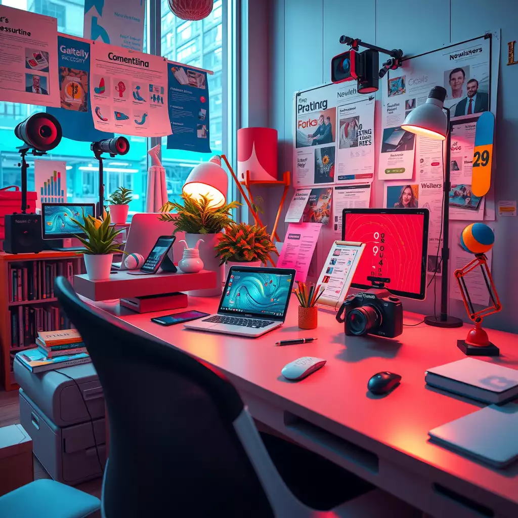 A vibrant workspace filled with innovative gadgets, AI tools, and colorful newsletter designs, reflecting creativity and collaboration in digital marketing.