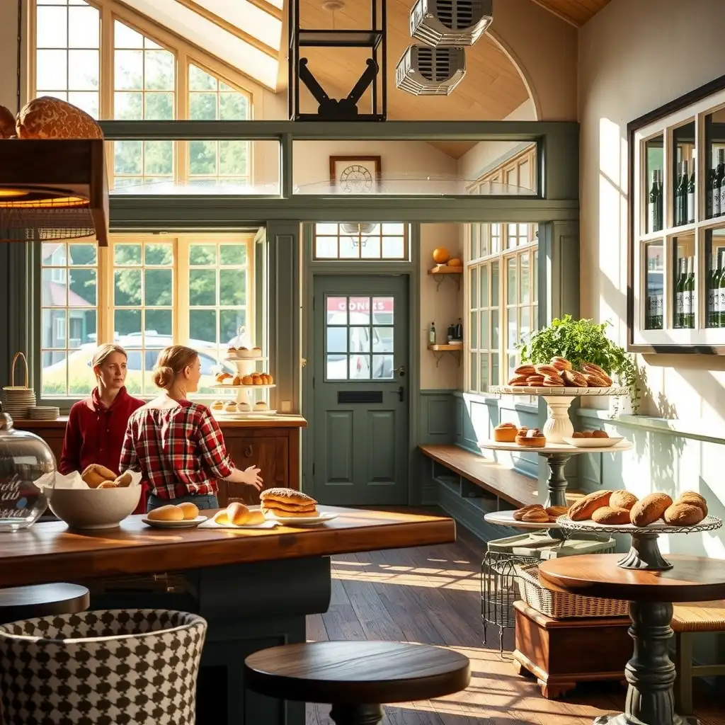 Charming interior of Bakehouse Sutton Coldfield, featuring an array of artisanal breads, pastries, and cakes displayed on rustic wooden tables, with cozy seating that creates a warm and inviting atmosphere.