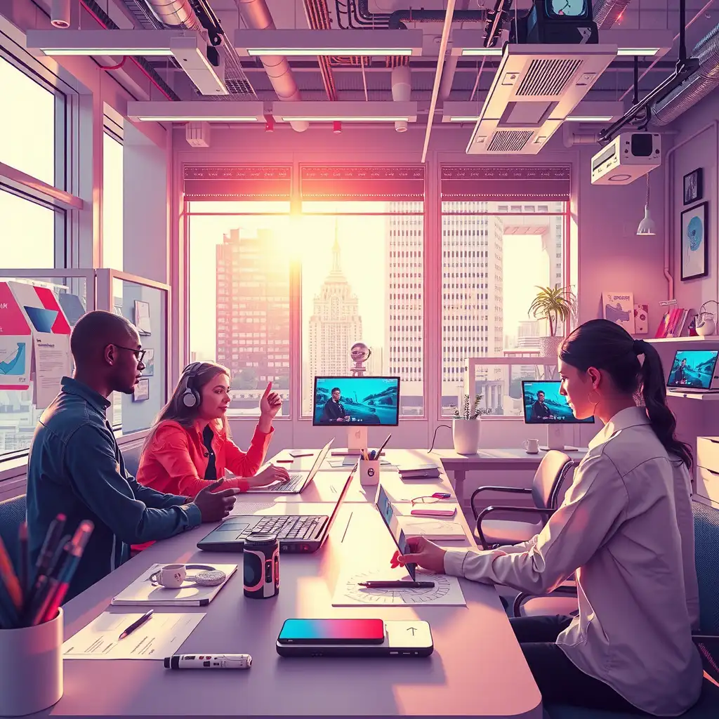 A futuristic workspace showcasing AI-driven content creation, featuring advanced technology, collaborative writers and artists, and a vibrant atmosphere of creativity and innovation.