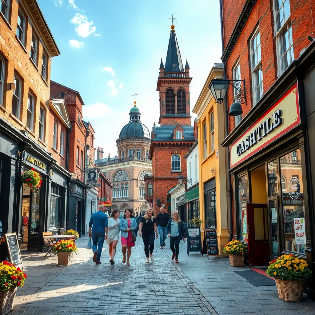 Vibrant street scene in Sutton Coldfield, showcasing local shops, families enjoying outdoor spaces, and historical landmarks.