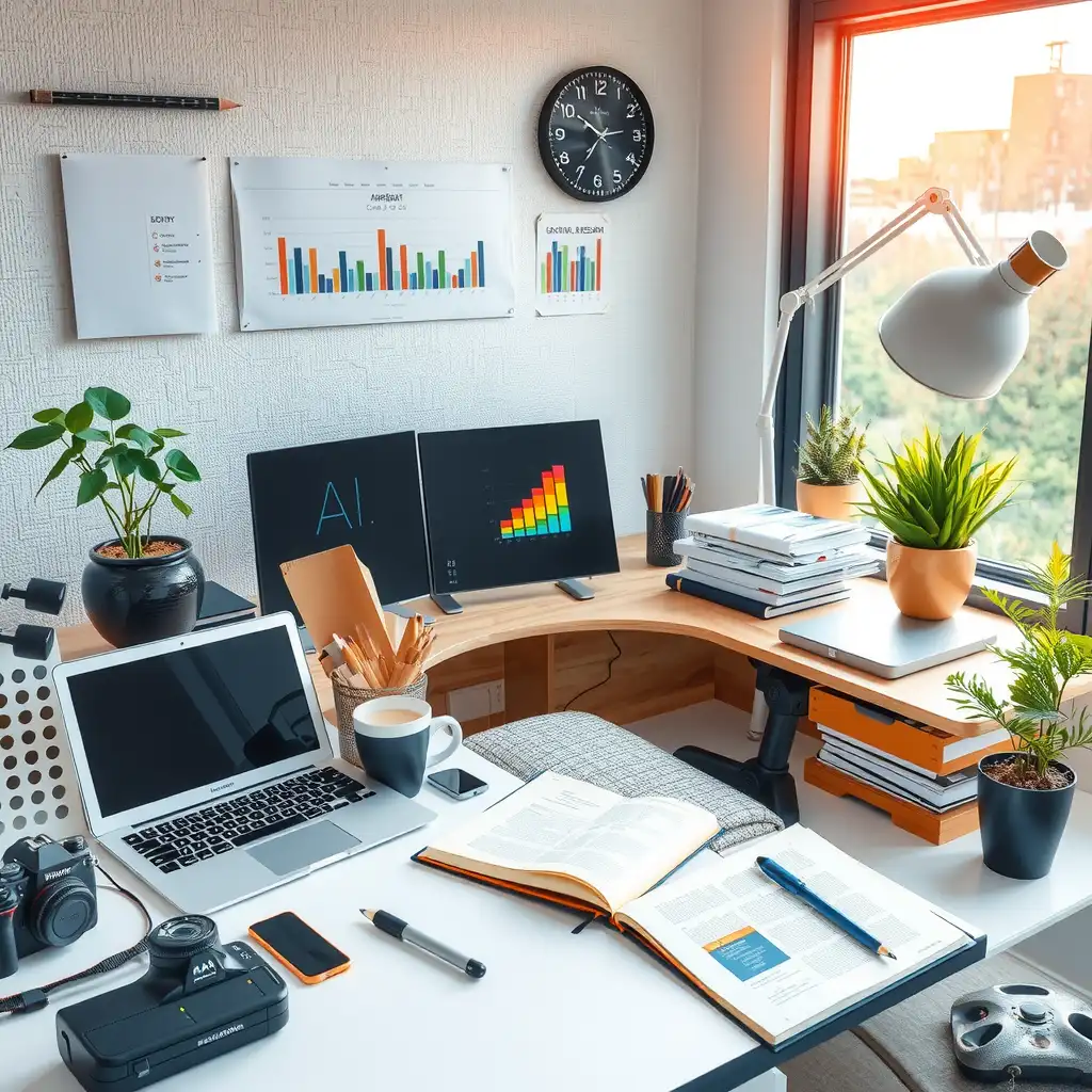 A modern workspace featuring an organized desk with advanced editing tools, sleek technology, open notebooks, plants, and artwork, all reflecting a vibrant and creative atmosphere.