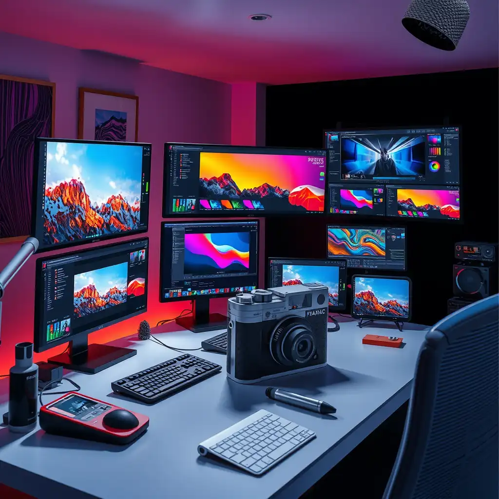 A modern workspace featuring a sleek desk setup with multiple screens showcasing vibrant AI editing tools, an artist engaged in digital editing, and colorful design materials, all illuminated by bright and inviting lighting.