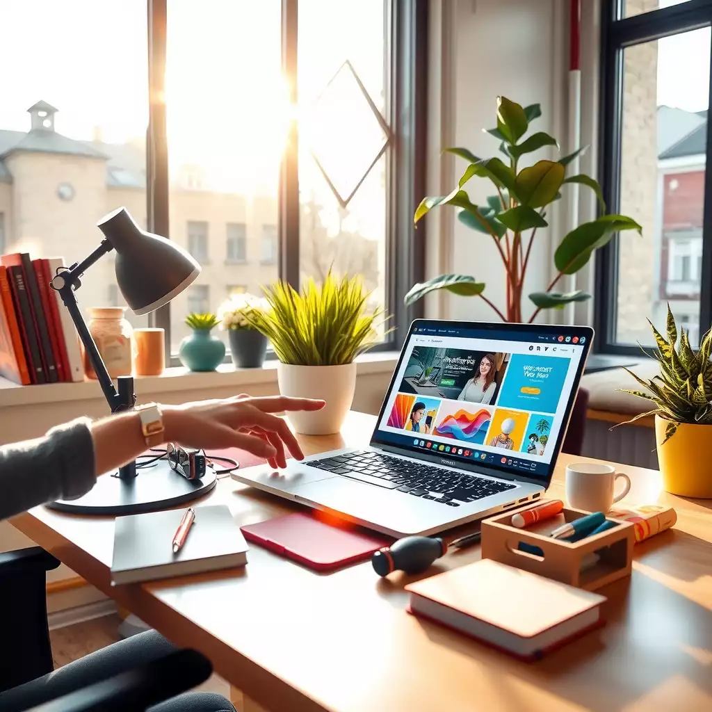 A modern workspace featuring a sleek laptop displaying a colorful website design interface, surrounded by essential creative tools, books, and plants, all conveying a sense of productivity and innovation.