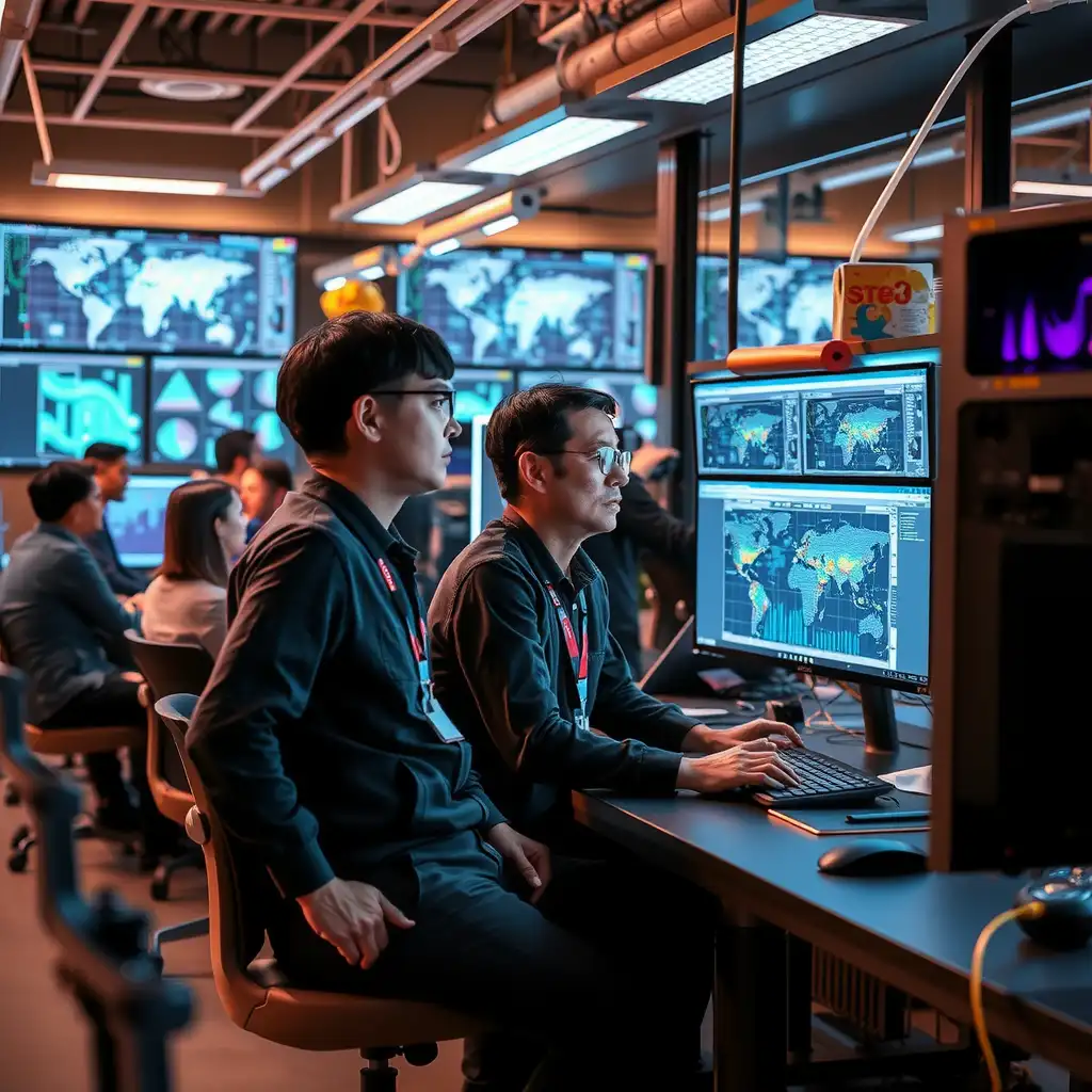 A diverse team of professionals collaborates in a high-tech training environment for artificial intelligence, surrounded by advanced computers and interactive screens displaying complex data visualizations. Bright lighting highlights the sophisticated tools, emphasizing the synergy between humans and machines in various industry applications.