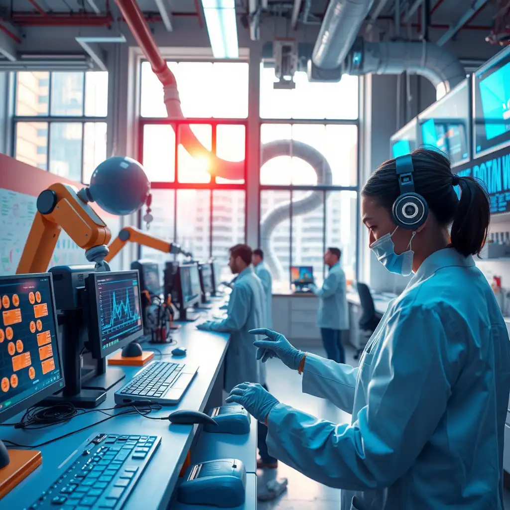 A vibrant high-tech laboratory featuring researchers collaborating with advanced AI technology, surrounded by computer screens displaying algorithms and data visualizations. Robotic arms are actively engaged in the process, highlighting the synergy between humans and machines.