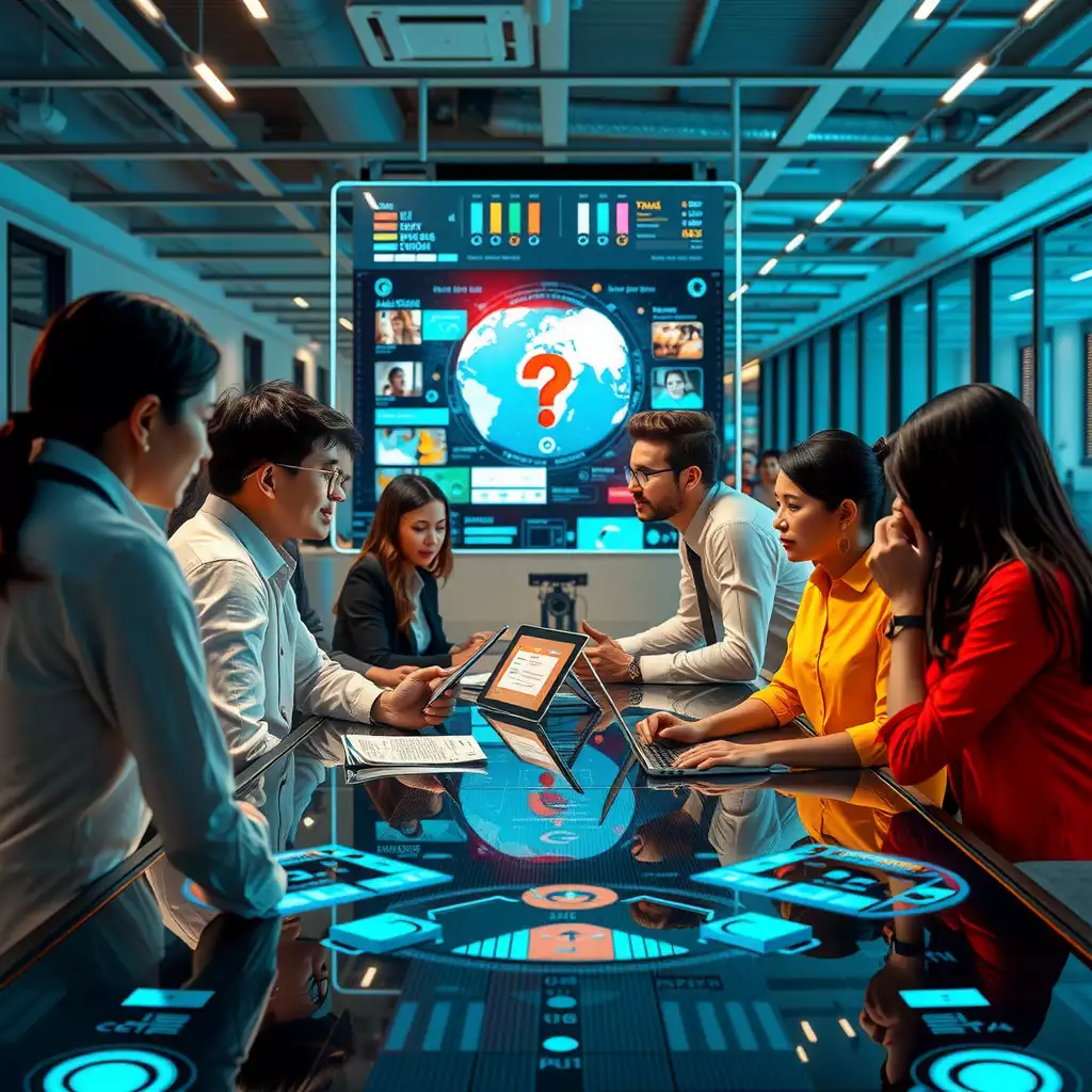 A modern office environment showcasing diverse professionals collaborating around a sleek conference table with advanced technology and interactive digital interfaces, emphasizing AI-driven tools for enhanced customer engagement. Bright colors and a dynamic atmosphere reflect innovation and creativity.