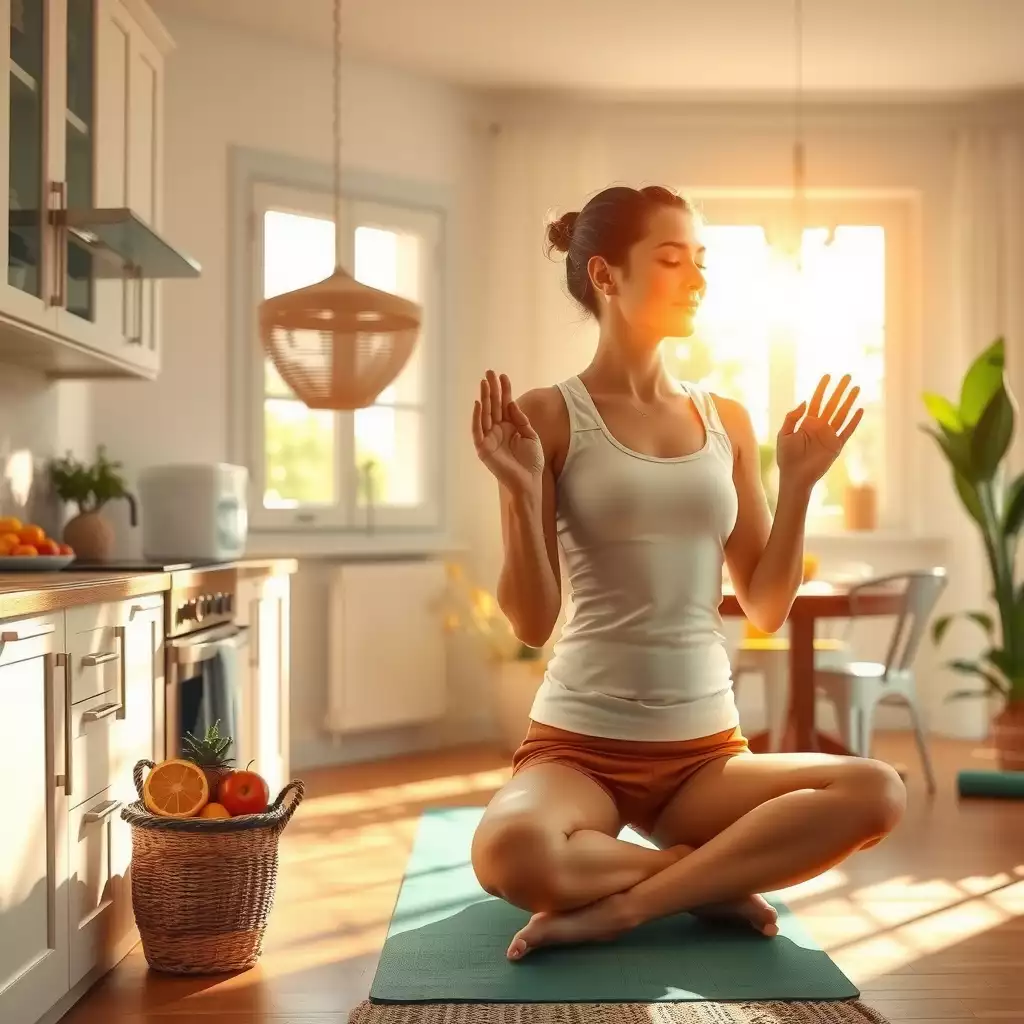 A peaceful morning scene featuring a bright kitchen with fresh fruits and smoothies, a cozy yoga space with mats and plants, and a person practicing mindfulness or gentle exercise, all embodying health and positivity.