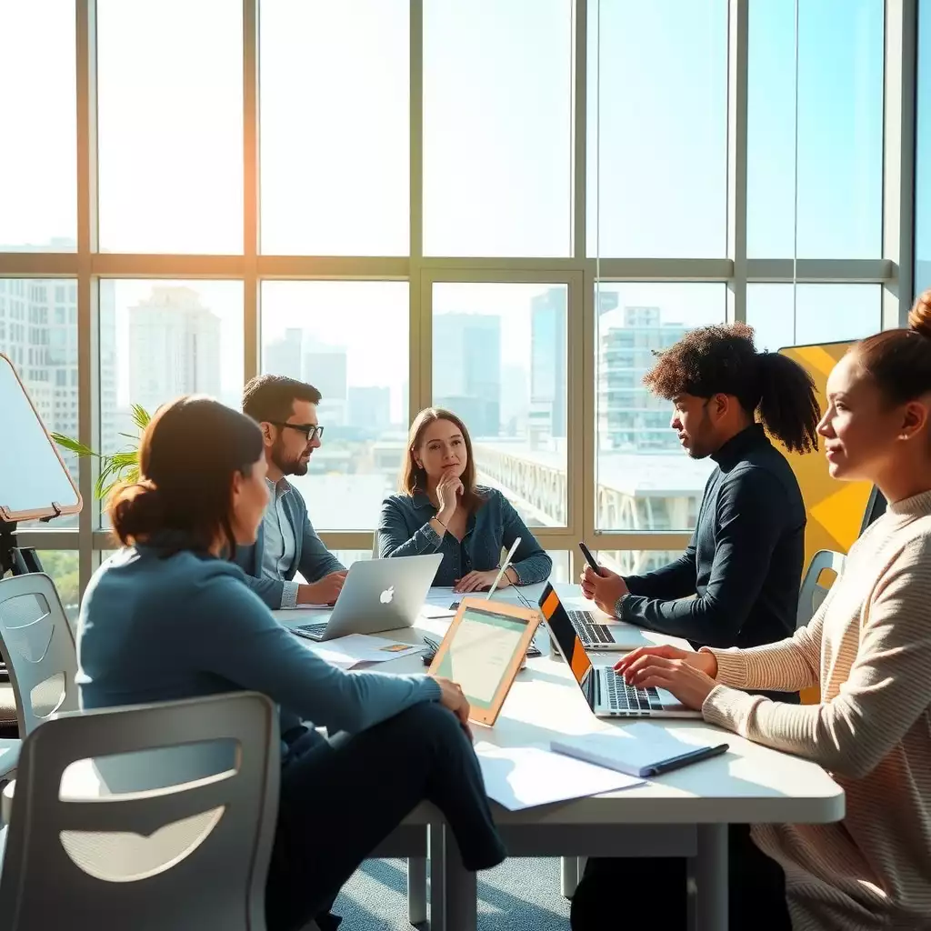 A diverse team collaborating in a modern workspace, using advanced AI tools on laptops and digital displays, surrounded by notes and analytics.