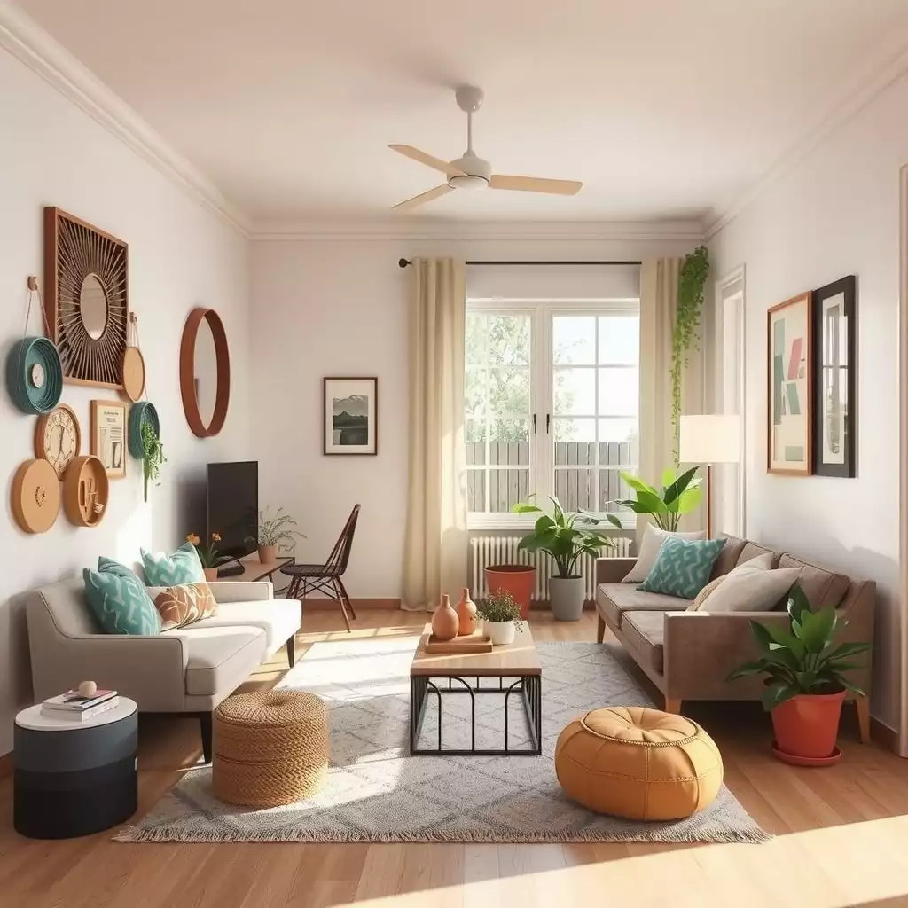 A beautifully decorated living space featuring DIY decor ideas, including handmade wall art, upcycled furniture, and vibrant plants, all arranged to create a warm and inviting atmosphere.