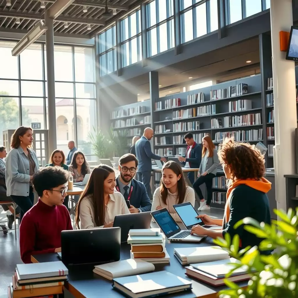 A modern university library bustling with students collaborating and utilizing advanced technology, illuminated by natural light streaming through large windows, showcasing a vibrant atmosphere of innovation and academic engagement.