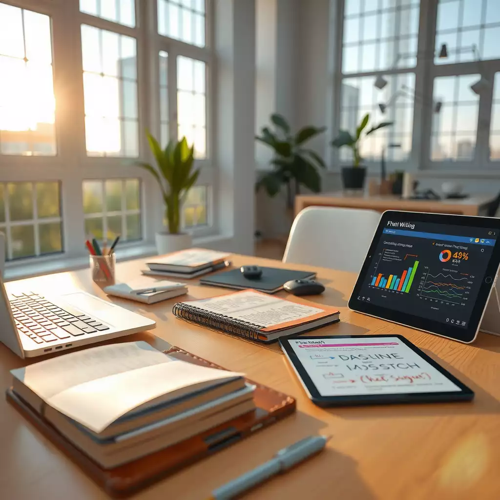 A modern workspace featuring a sleek laptop, open notebooks with handwritten notes, and a digital tablet displaying colorful graphs. Large windows allow natural light to illuminate the desk, creating an inspiring atmosphere for AI writing and collaboration.