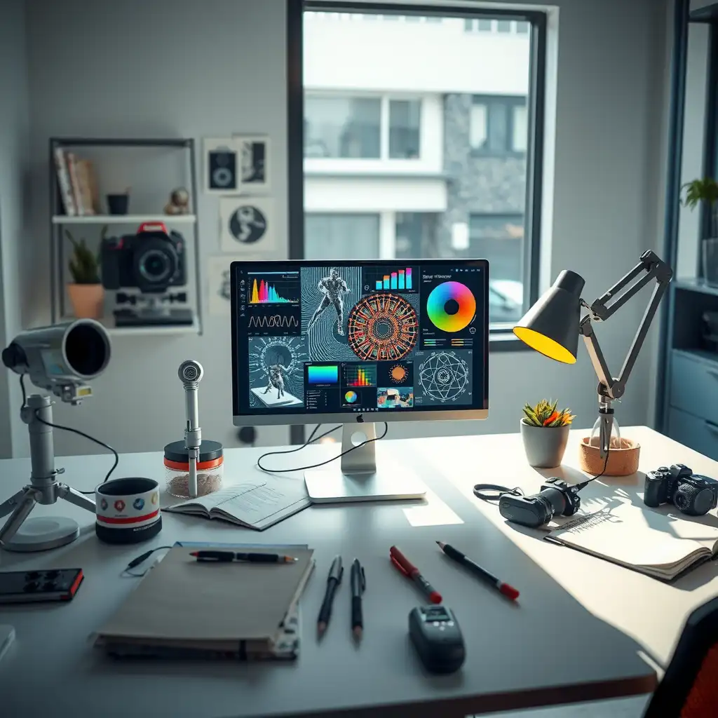 A modern workspace showcasing the collaboration between humans and AI, featuring a computer screen with AI-generated content alongside sketches and notes, surrounded by innovative tools and designs in a vibrant color palette.