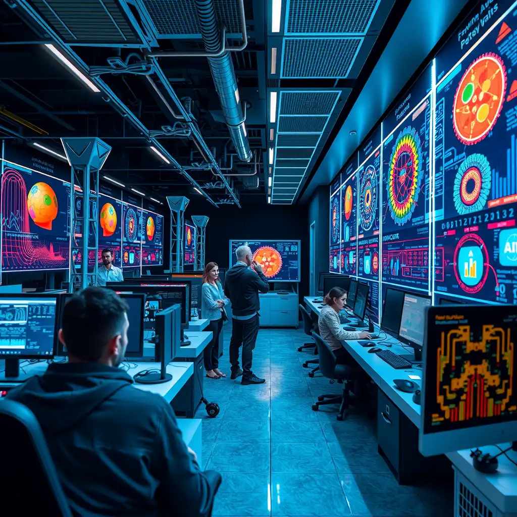 A modern technology lab showcasing generative AI, featuring advanced computers, interactive screens with colorful data visualizations, and diverse researchers engaged in collaborative discussions. The atmosphere reflects innovation and intellectual curiosity.