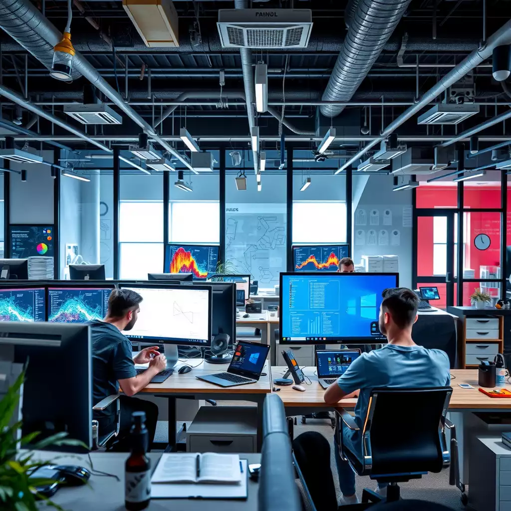 A modern workspace filled with advanced technology, showcasing researchers collaborating over computer screens displaying various AI datasets, symbolizing innovation and progress in artificial intelligence research.