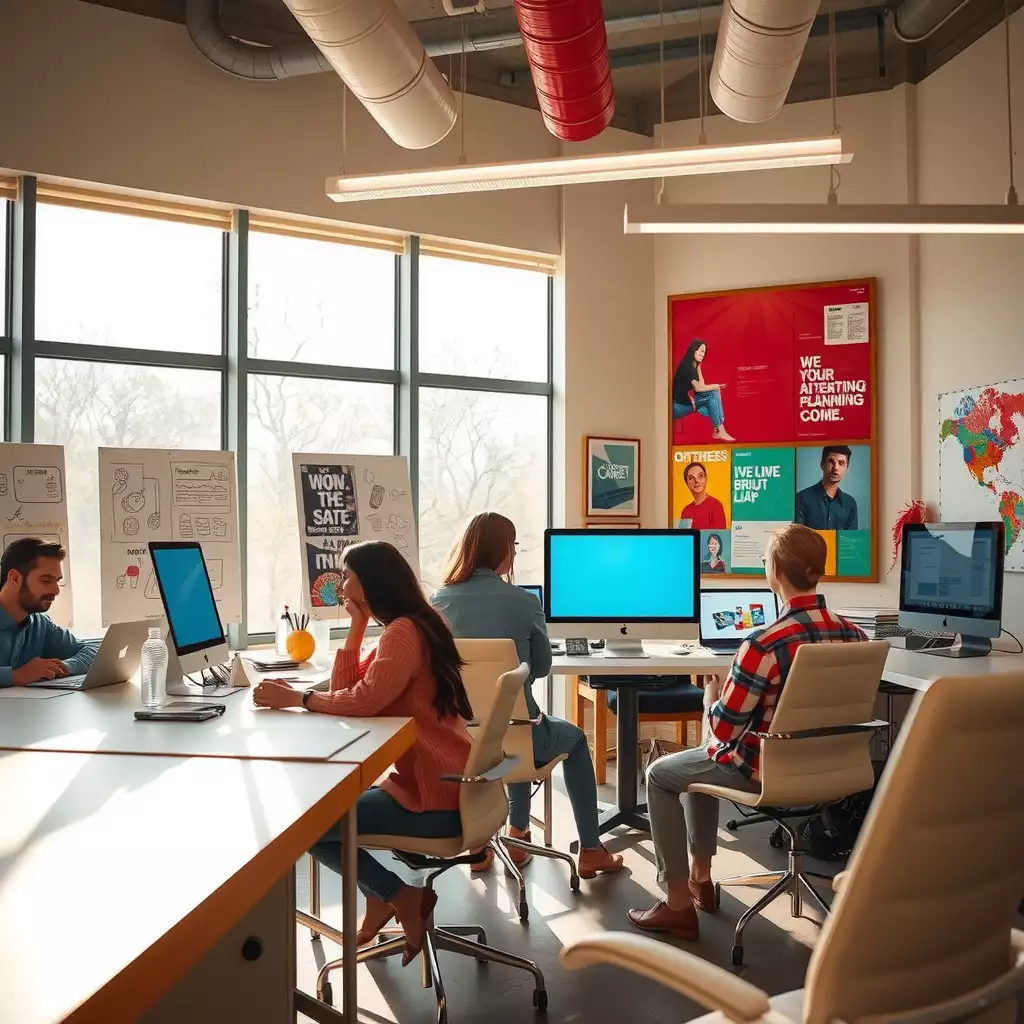 An inspiring workspace filled with colorful sketches, vibrant mood boards, and digital devices, capturing the energy of creativity and collaboration in e-commerce advertising.