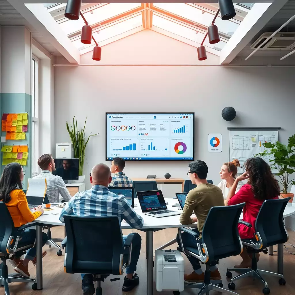 A vibrant modern office workspace featuring a diverse team collaborating around a table, with a large screen displaying analytics and colorful sticky notes for brainstorming ideas.